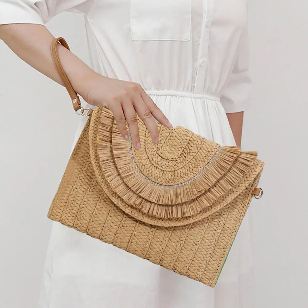 Straw Crossbody Bag Women Handbag Beach Handmade Clutch Fringed Magnetic Clasp Wallet Shoulder Bag Bright Woven Envelope Wallet
