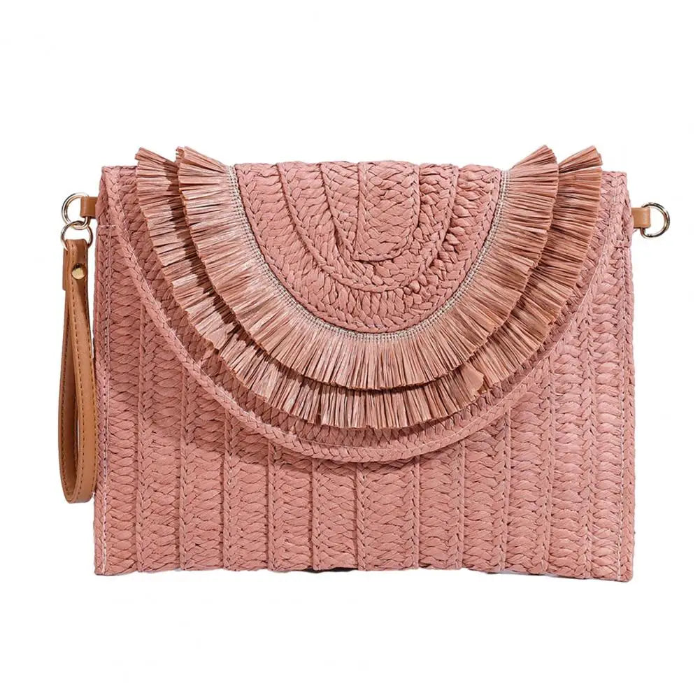 Straw Crossbody Bag Women Handbag Beach Handmade Clutch Fringed Magnetic Clasp Wallet Shoulder Bag Bright Woven Envelope Wallet