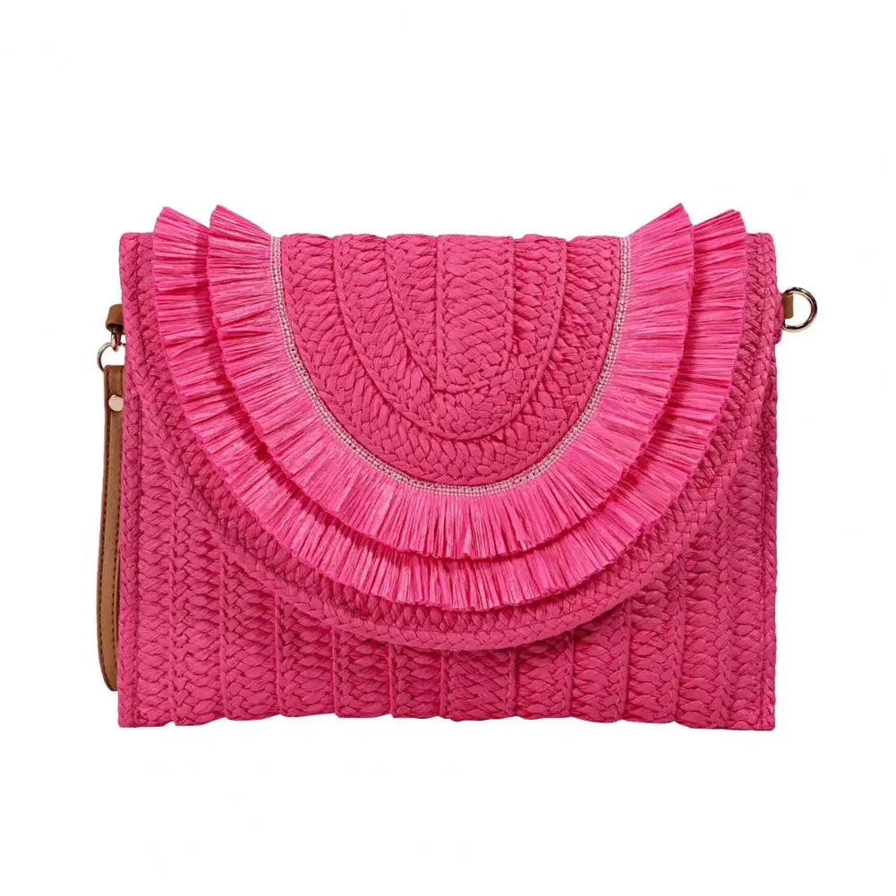 Straw Crossbody Bag Women Handbag Beach Handmade Clutch Fringed Magnetic Clasp Wallet Shoulder Bag Bright Woven Envelope Wallet