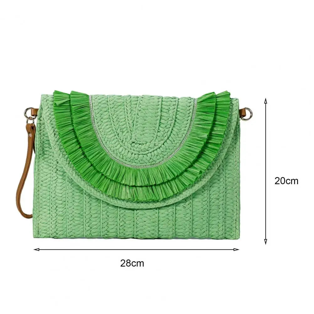 Straw Crossbody Bag Women Handbag Beach Handmade Clutch Fringed Magnetic Clasp Wallet Shoulder Bag Bright Woven Envelope Wallet