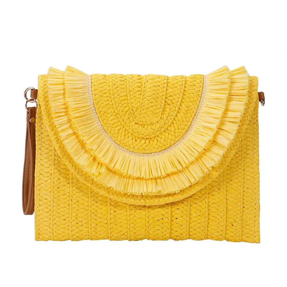 Straw Crossbody Bag Women Handbag Beach Handmade Clutch Fringed Magnetic Clasp Wallet Shoulder Bag Bright Woven Envelope Wallet