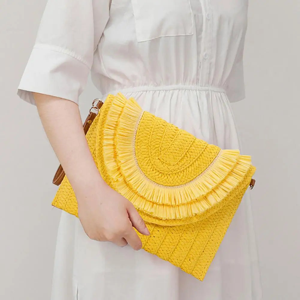 Straw Crossbody Bag Women Handbag Beach Handmade Clutch Fringed Magnetic Clasp Wallet Shoulder Bag Bright Woven Envelope Wallet