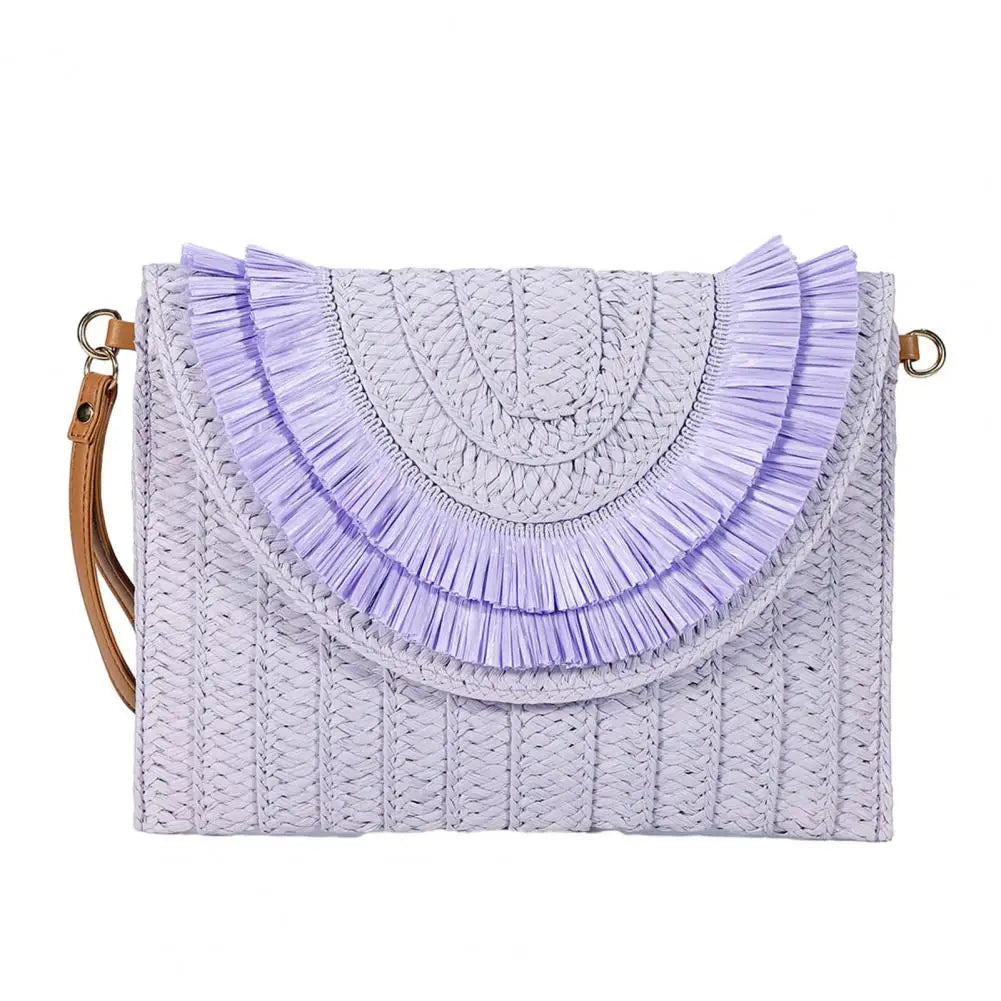 Straw Crossbody Bag Women Handbag Beach Handmade Clutch Fringed Magnetic Clasp Wallet Shoulder Bag Bright Woven Envelope Wallet