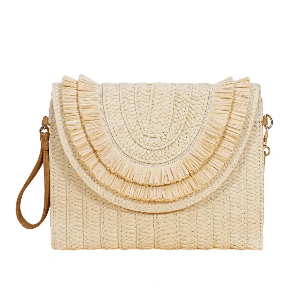 Straw Crossbody Bag Women Handbag Beach Handmade Clutch Fringed Magnetic Clasp Wallet Shoulder Bag Bright Woven Envelope Wallet