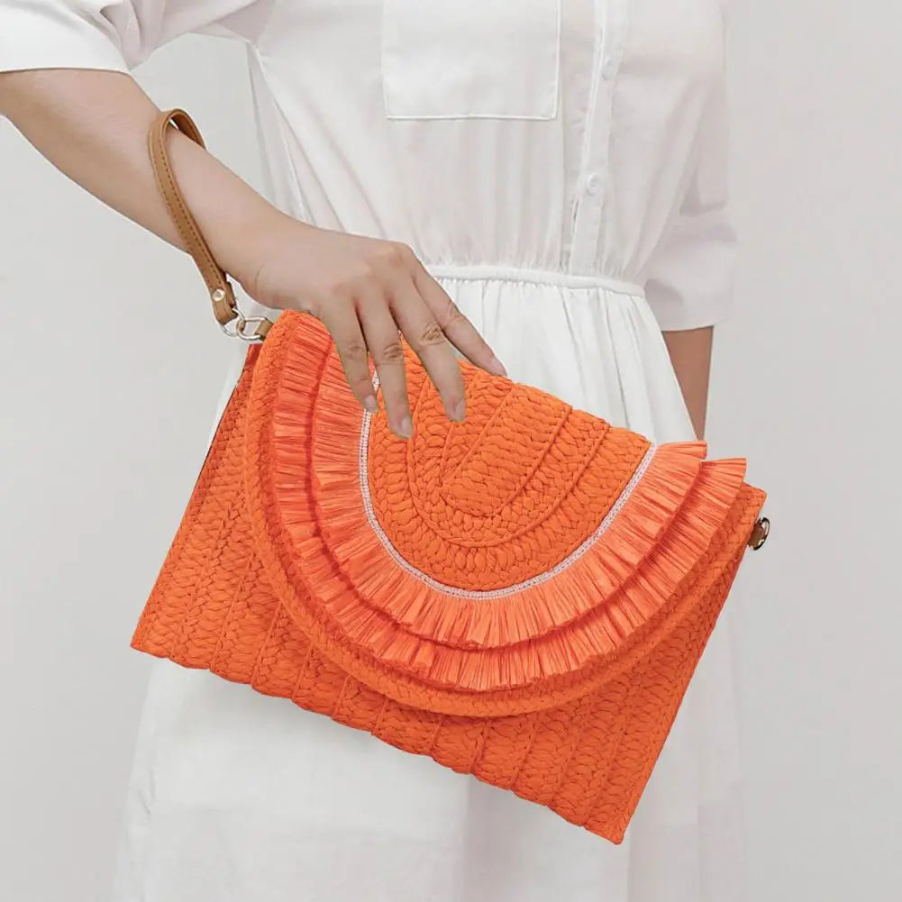 Straw Crossbody Bag Women Handbag Beach Handmade Clutch Fringed Magnetic Clasp Wallet Shoulder Bag Bright Woven Envelope Wallet