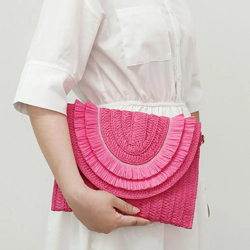 Straw Crossbody Bag Women Handbag Beach Handmade Clutch Fringed Magnetic Clasp Wallet Shoulder Bag Bright Woven Envelope Wallet