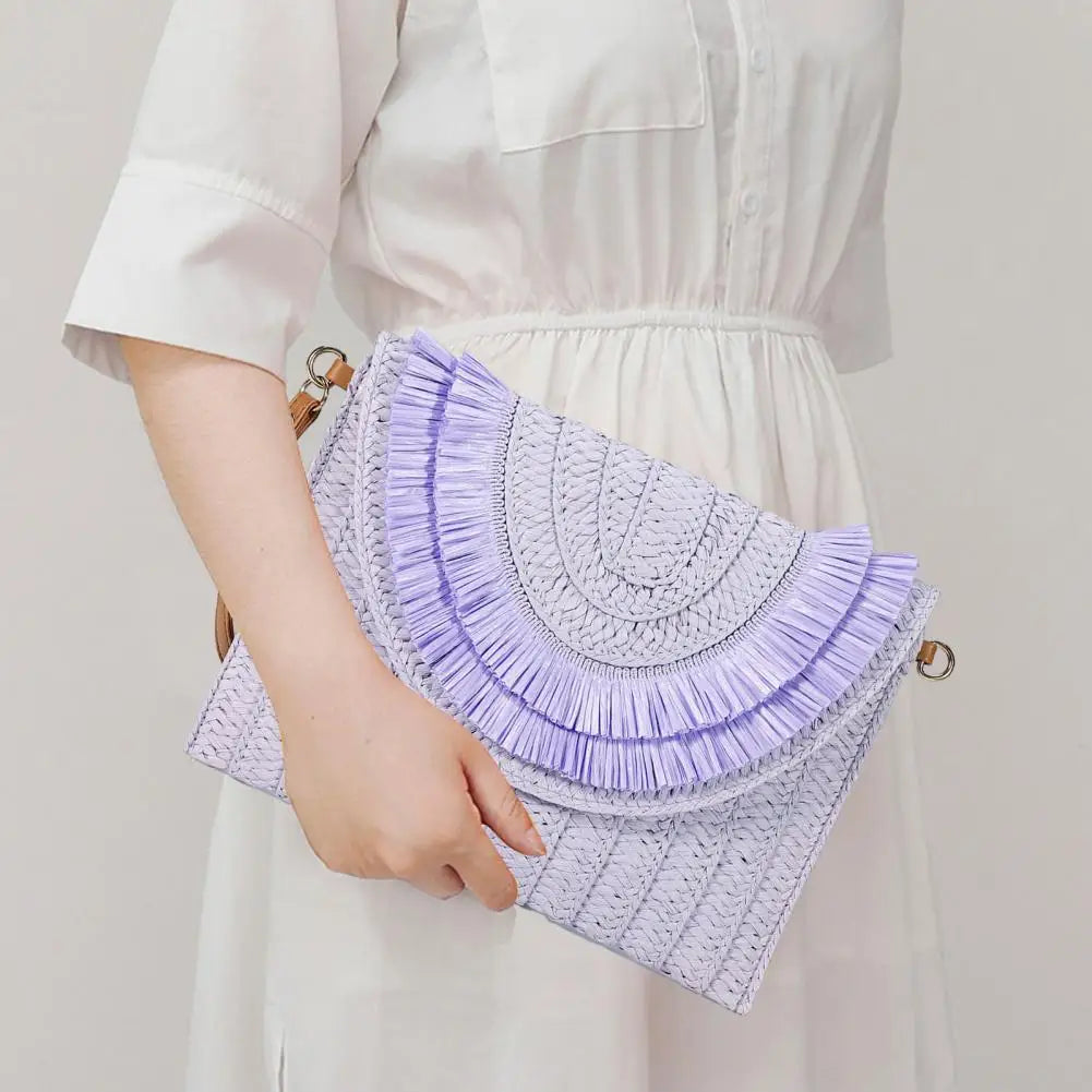Straw Crossbody Bag Women Handbag Beach Handmade Clutch Fringed Magnetic Clasp Wallet Shoulder Bag Bright Woven Envelope Wallet