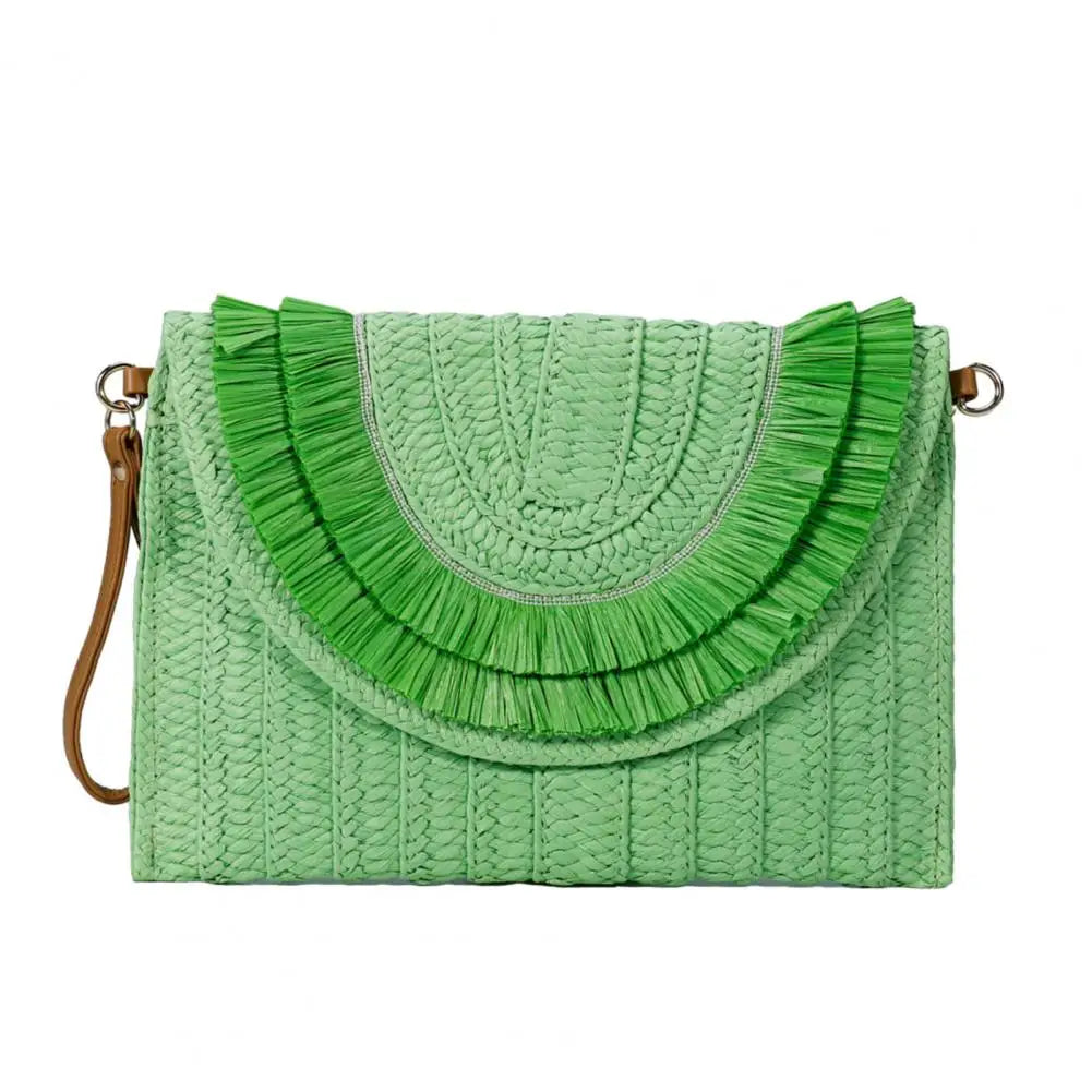 Straw Crossbody Bag Women Handbag Beach Handmade Clutch Fringed Magnetic Clasp Wallet Shoulder Bag Bright Woven Envelope Wallet