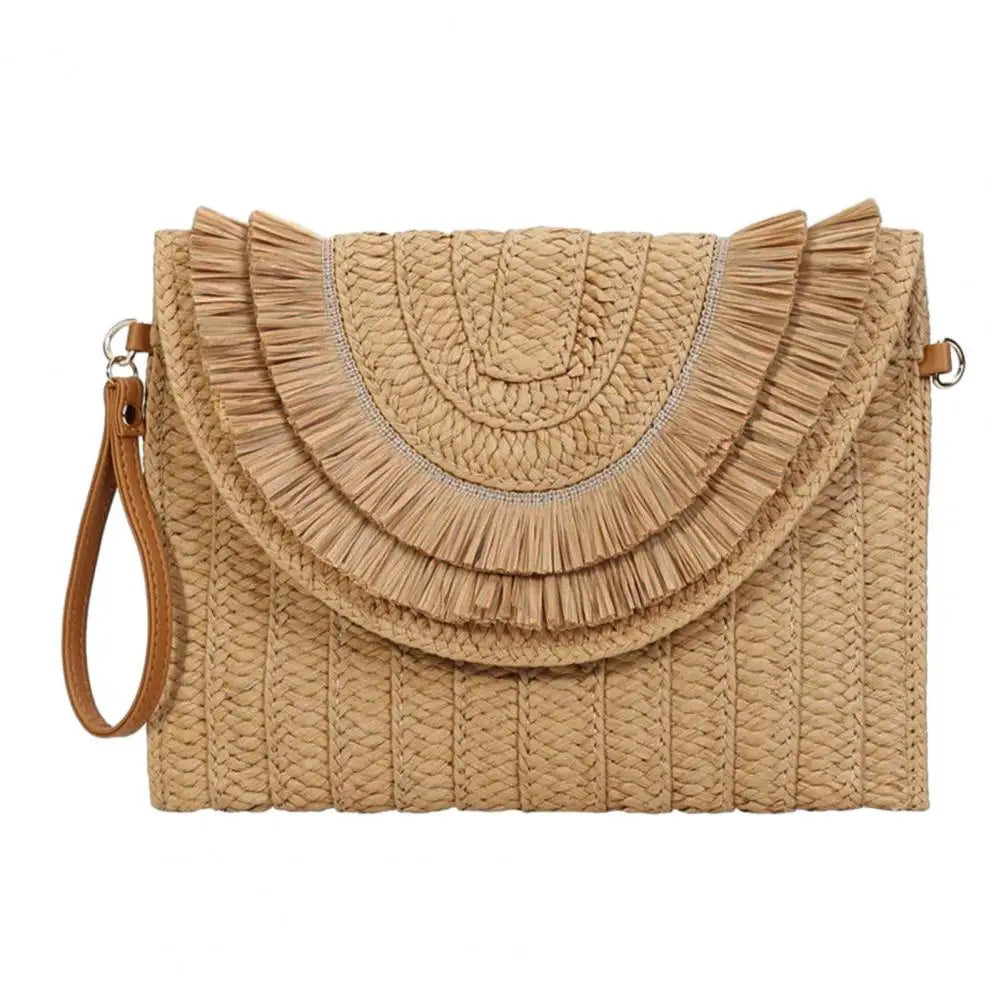 Straw Crossbody Bag Women Handbag Beach Handmade Clutch Fringed Magnetic Clasp Wallet Shoulder Bag Bright Woven Envelope Wallet